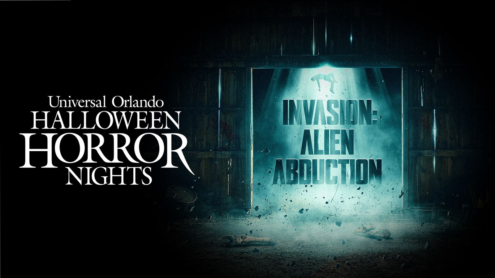 Arte oficial do Universal Orlando Halloween Horror Nights, com a casa assombrada Invasion: Alien Abduction